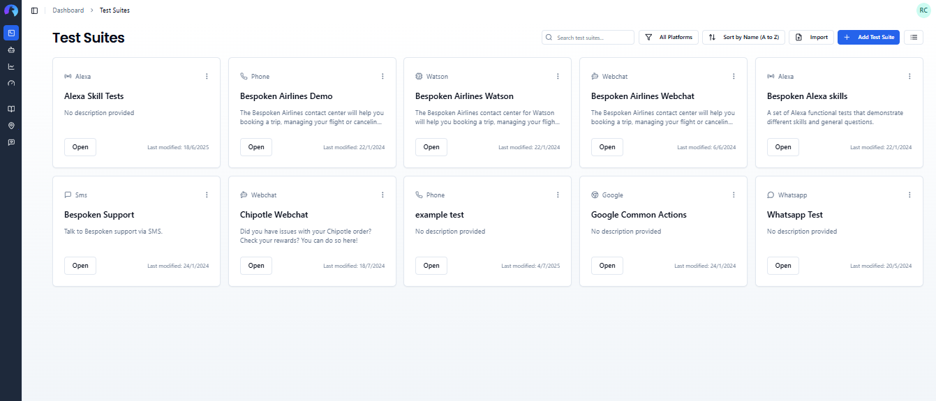 Test suites screen