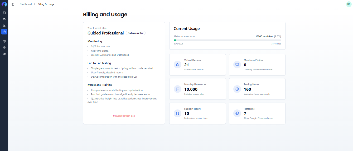 Subscription and Billing page