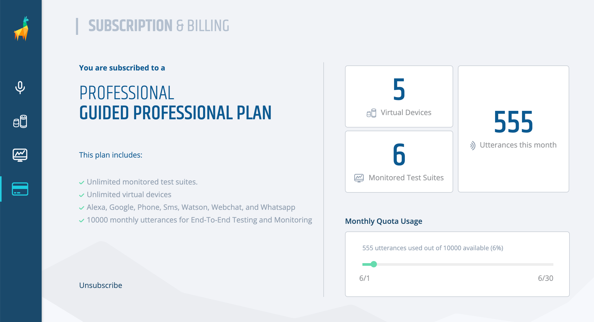 Subscription and Billing page